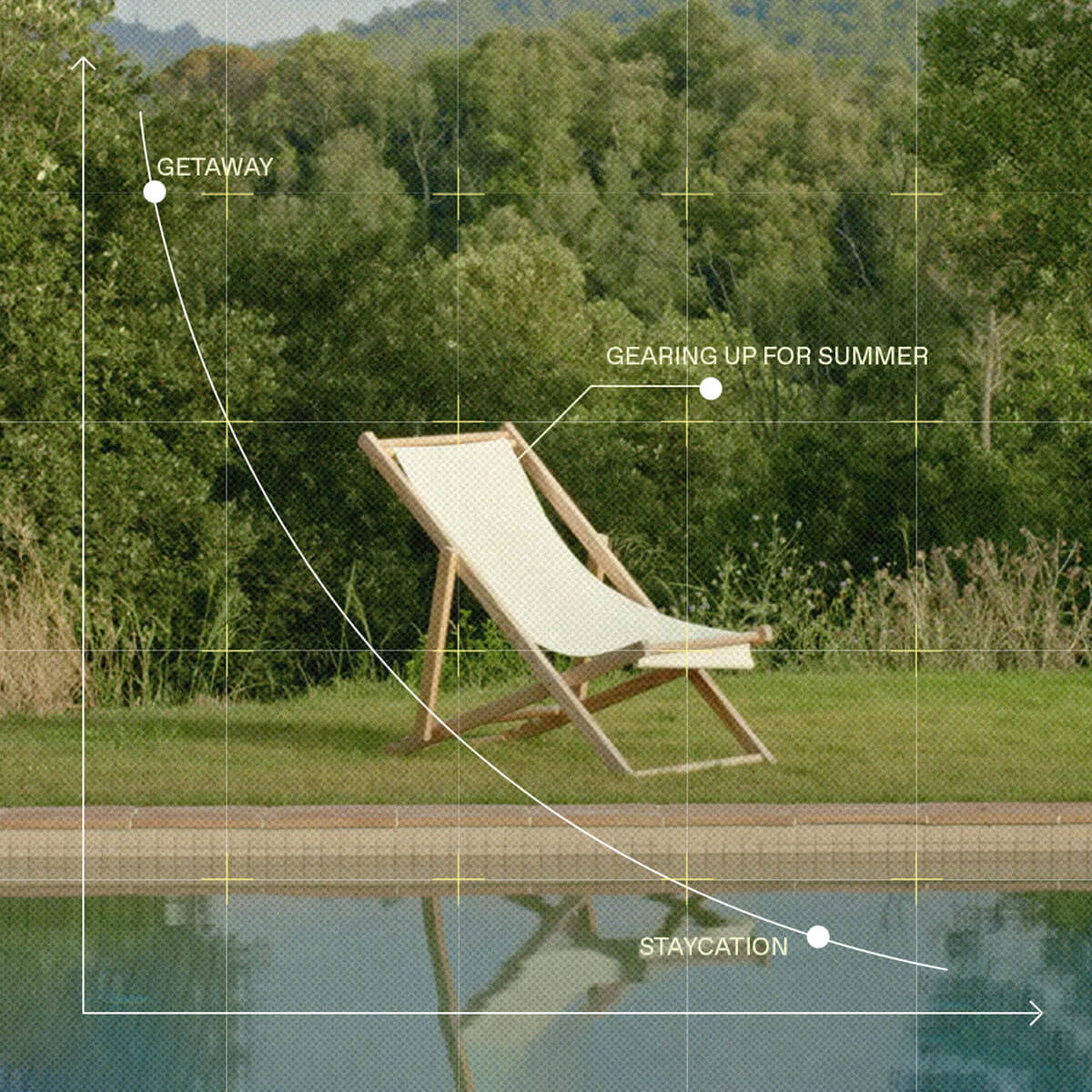 foldable chair near outdoor pool with an inforgraphic about the summer holidays: getaway or staycation | gear up for summer editorial cover